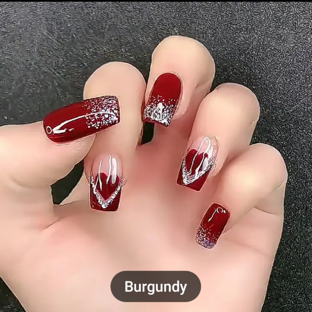 Burgundy and silver glitter fake 24 nails